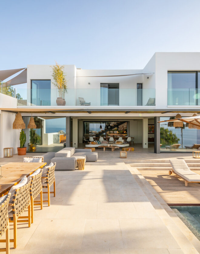 External of modern Ibiza villa and swimming pool