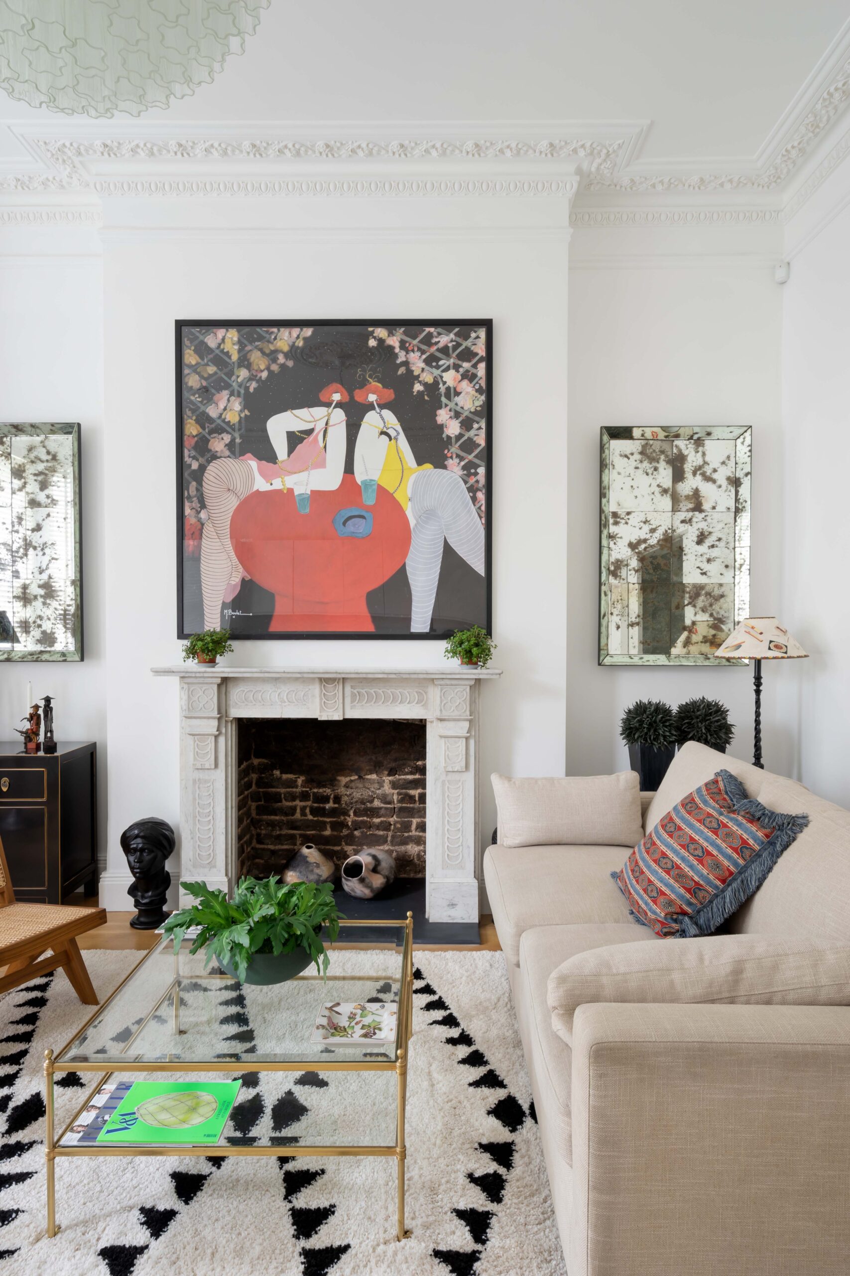 View of living room fireplace in classic London townhouse