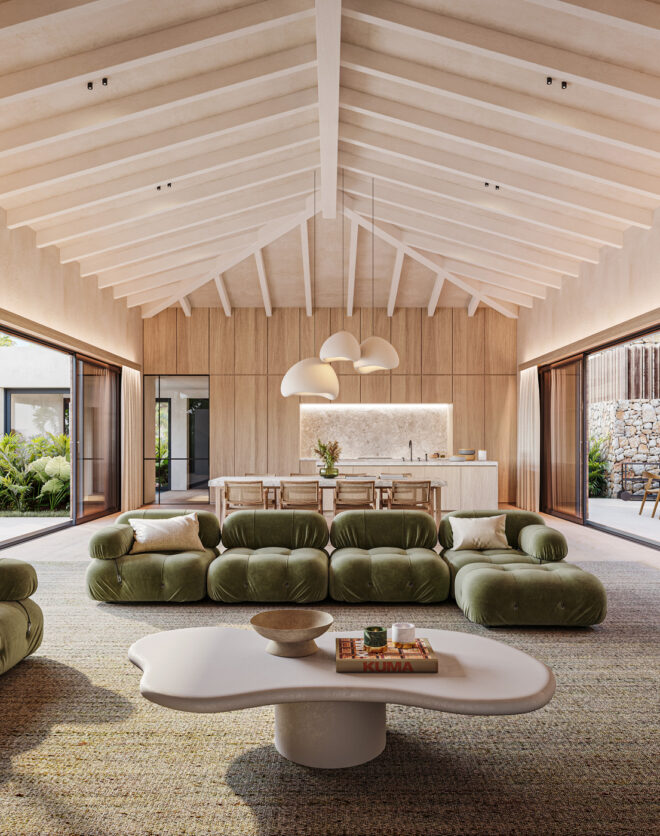 Render showing the sculptural interior of a luxury villa for sale in Ibiza