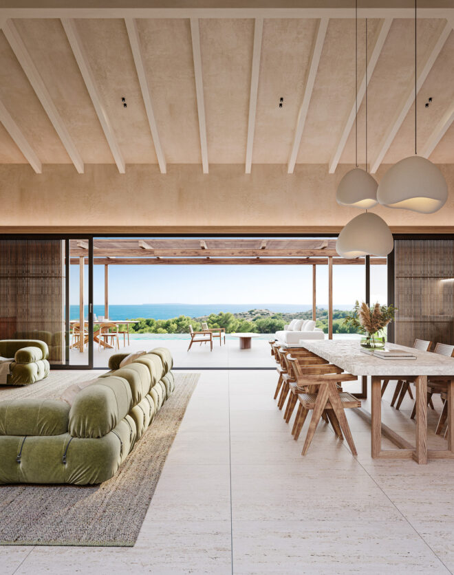 Render showing the reception room of a luxury new build villa in Ibiza